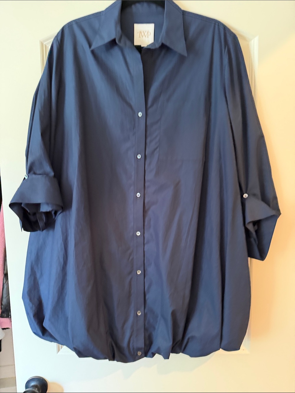 TWP Navy Button-Down Bubble Hem Shirt Dress